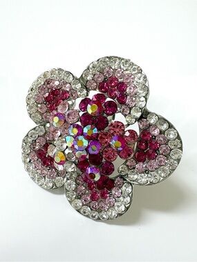 Silver-Tone Pink Crystal Floral Statement Cocktail Ring - Adjustable Size